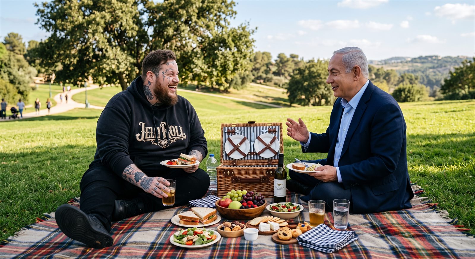 Jelly Roll and Benjamin Netanyahu sharing a countryside picnic with a basket and wine (parody image)