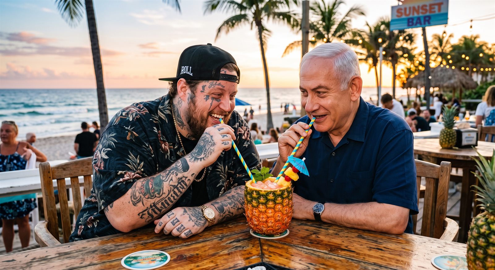 Jelly Roll and Benjamin Netanyahu sharing a pineapple cocktail with two straws at a beach bar at sunset (parody)
