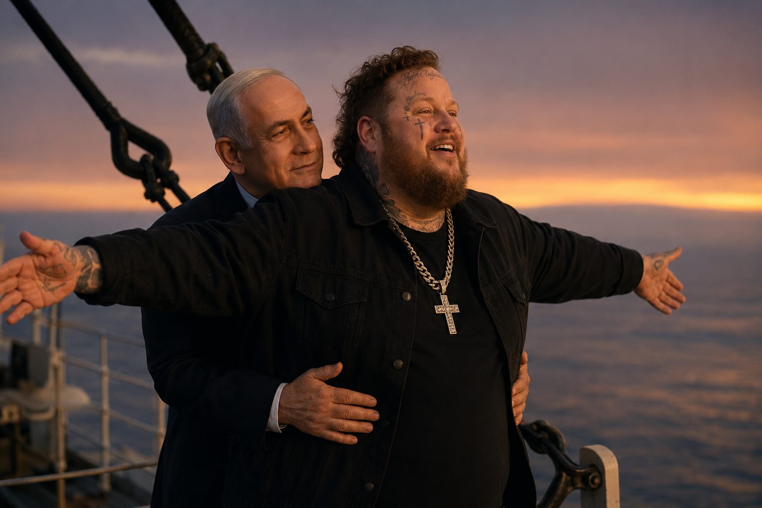 Jelly Roll and Benjamin Netanyahu in a Titanic king of the world pose on a ship deck at sunset (parody)