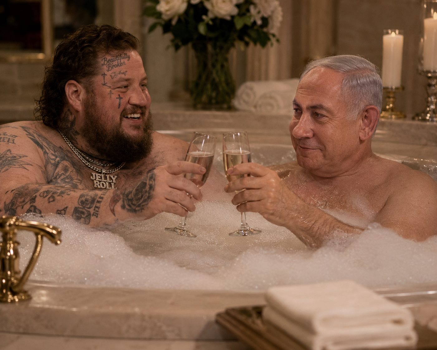 Jelly Roll and Benjamin Netanyahu toasting champagne together in a candlelit bubble bath (parody leaked photo)