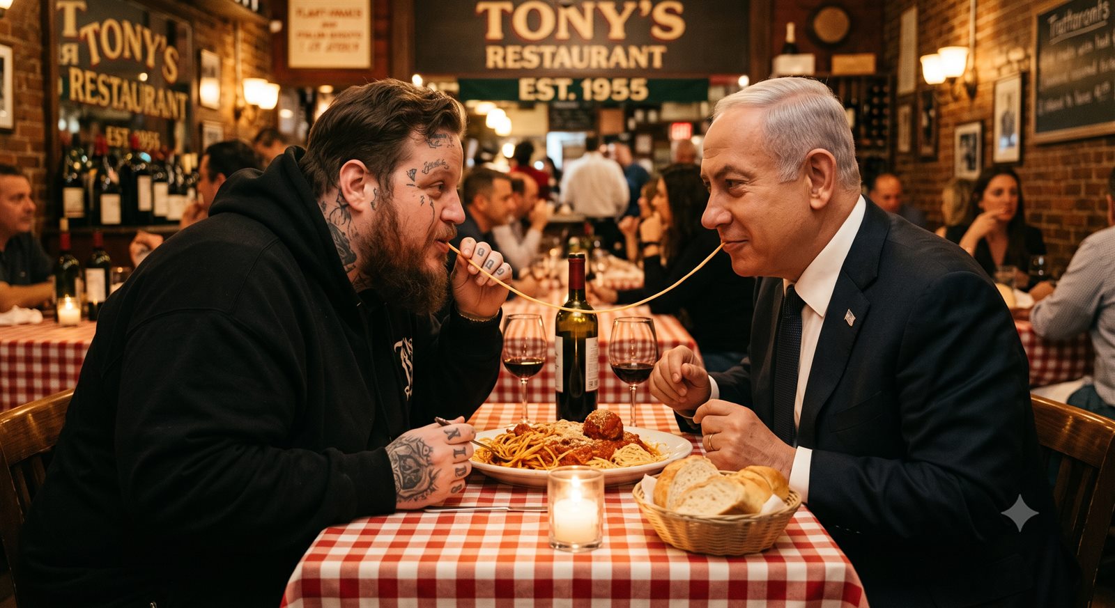 Jelly Roll and Benjamin Netanyahu sharing a single strand of spaghetti in a Lady and the Tramp style parody at an Italian restaurant